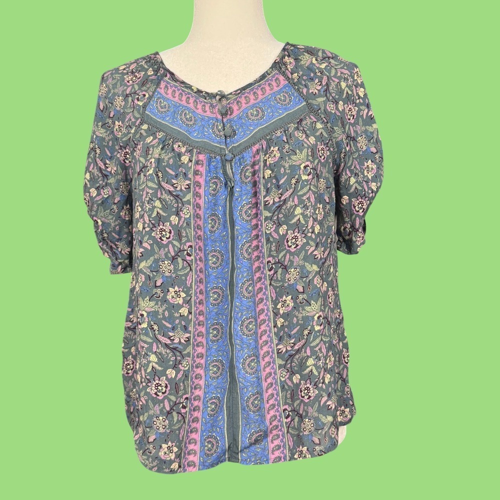 LUCKY BRAND Floral Paisley Peasant Top M Blue Pink Crochet Trim Puff Sleeve